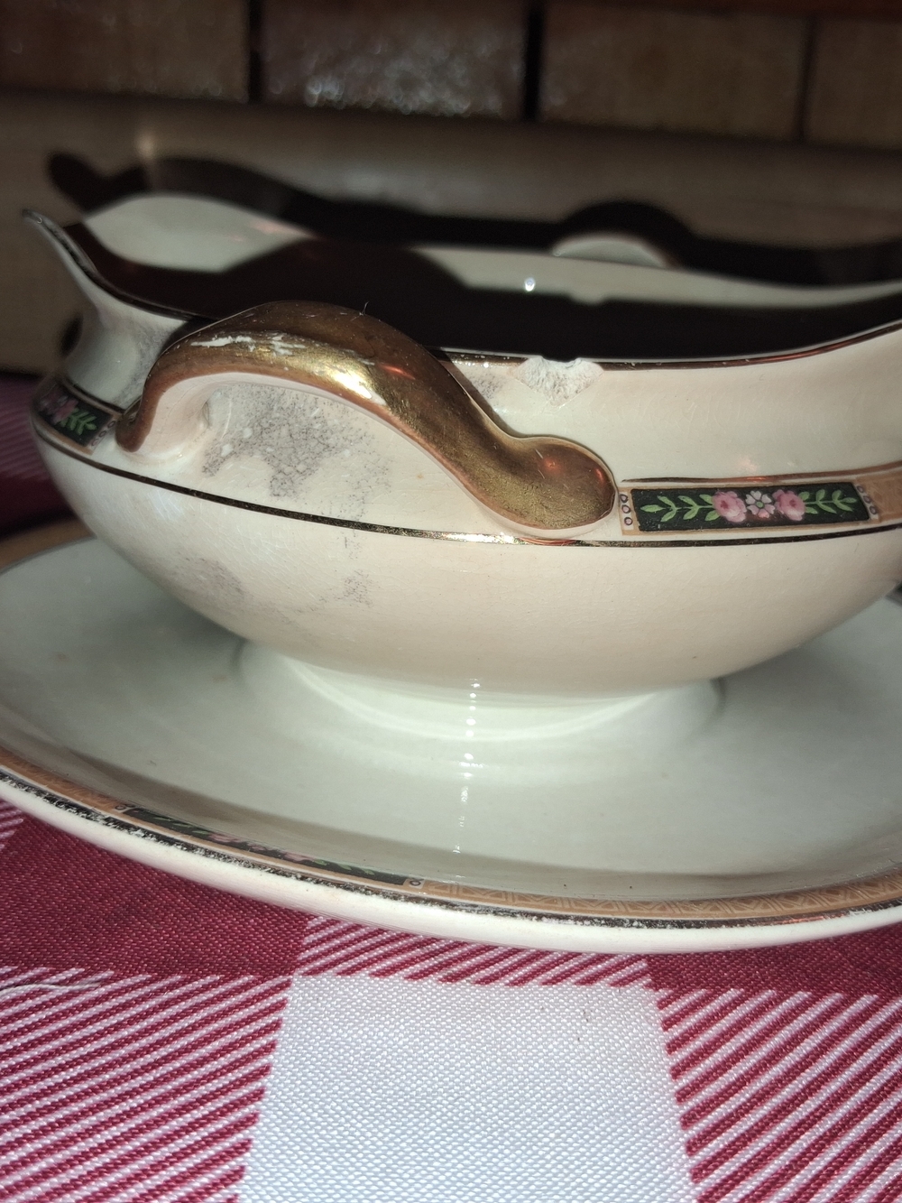 Vintage Cream and Gold Porcelain Gravy Boat with Floral Trim